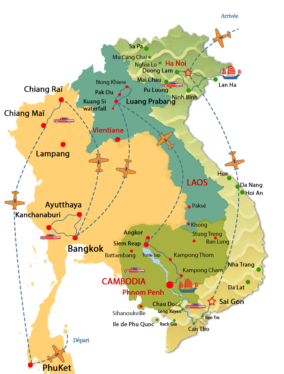 Carte de l'itinéraire du circuit Asie du sud est vietnam cambodge laos thailande en 45 jours